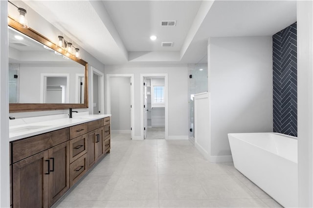 bathroom featuring double vanity, a tray ceiling, a sink, and visible vents