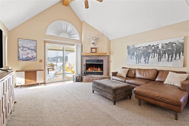 living room with carpet, ceiling fan, a brick fireplace, high vaulted ceiling, and beam ceiling