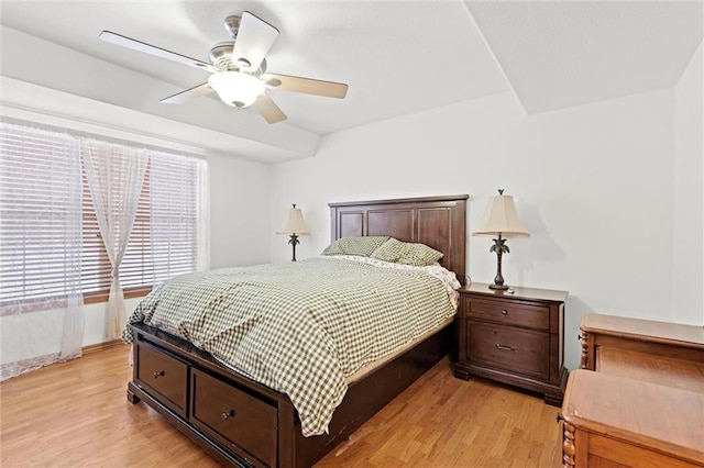 bedroom featuring ceiling fan and light wood-type flooring