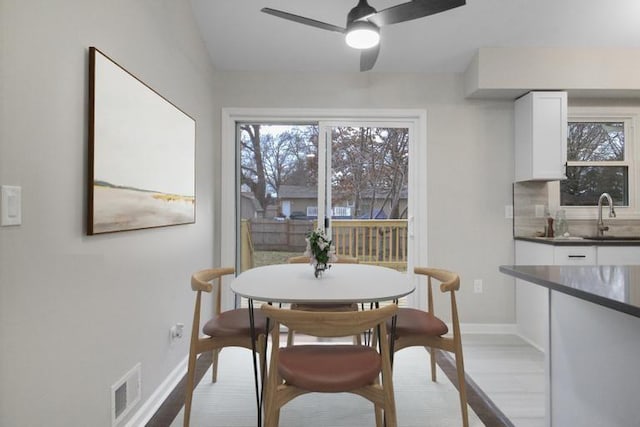 dining space with ceiling fan and sink