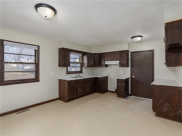 kitchen with dark brown cabinets, a textured ceiling, and sink