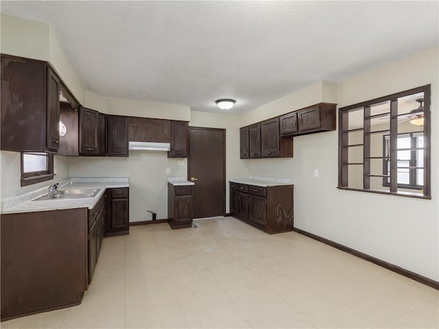 kitchen with dark brown cabinetry, ceiling fan, and sink