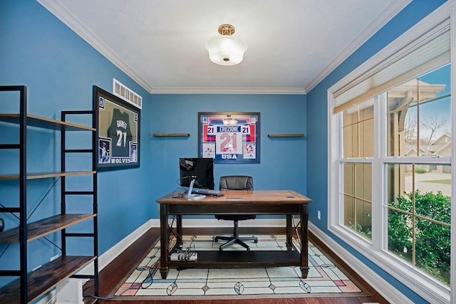 home office featuring hardwood / wood-style flooring and ornamental molding