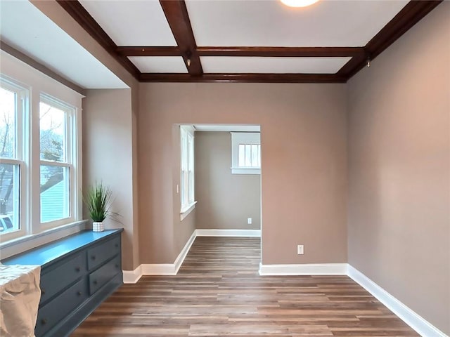 spare room featuring beam ceiling, hardwood / wood-style floors, and coffered ceiling