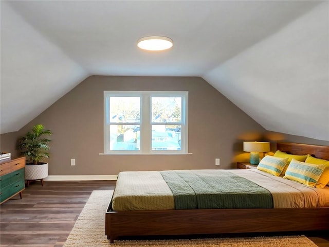 bedroom with dark hardwood / wood-style flooring and vaulted ceiling