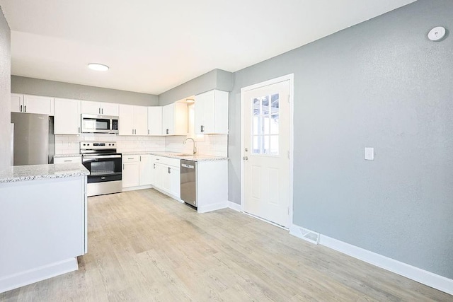 kitchen featuring white cabinetry, sink, light stone counters, decorative backsplash, and appliances with stainless steel finishes