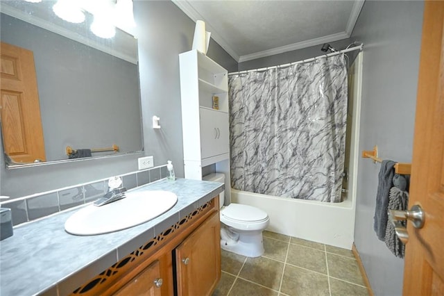 full bathroom with vanity, tile patterned floors, crown molding, toilet, and shower / tub combo