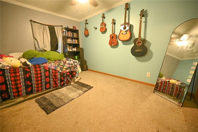 carpeted bedroom with crown molding