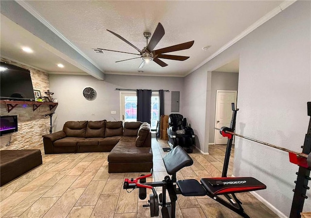 workout room featuring electric panel, crown molding, ceiling fan, and a textured ceiling