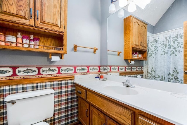 bathroom featuring lofted ceiling, toilet, and vanity