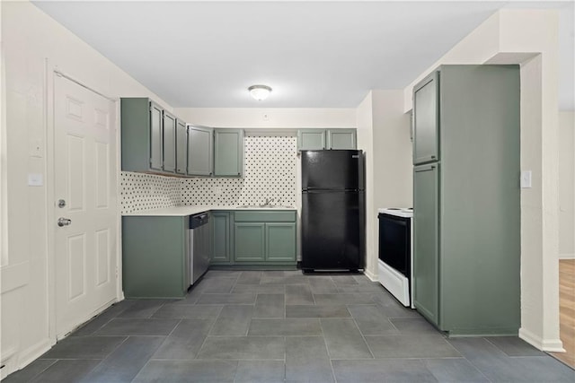 kitchen featuring white range with electric stovetop, backsplash, dishwasher, and black refrigerator