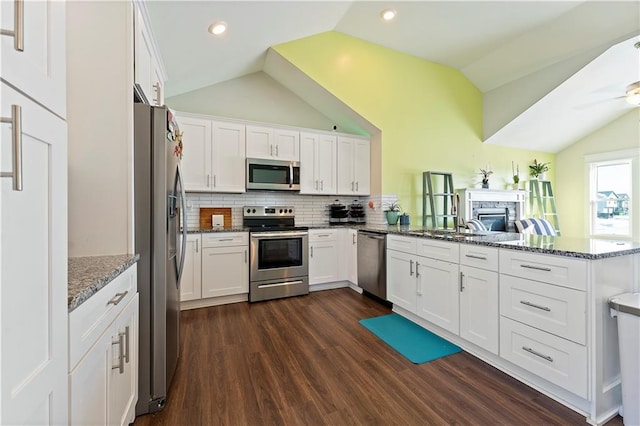 kitchen featuring vaulted ceiling, stainless steel appliances, and white cabinetry