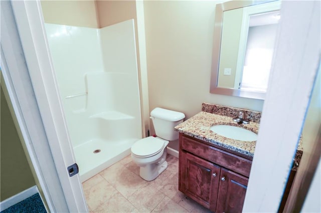 bathroom with tile patterned floors, vanity, toilet, and walk in shower