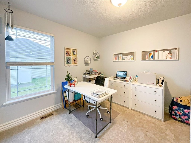 carpeted office space with plenty of natural light and a textured ceiling