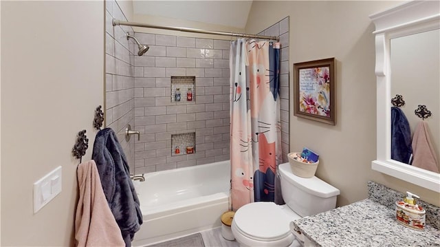 full bathroom featuring toilet, vanity, shower / bath combo, and vaulted ceiling