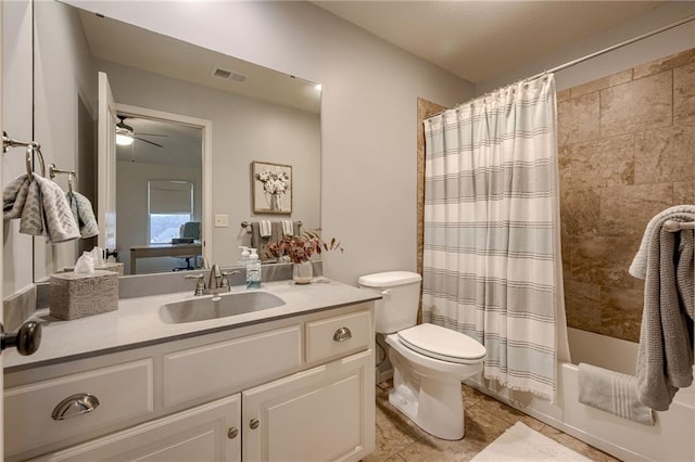 full bathroom with toilet, shower / tub combo, vanity, ceiling fan, and tile patterned flooring