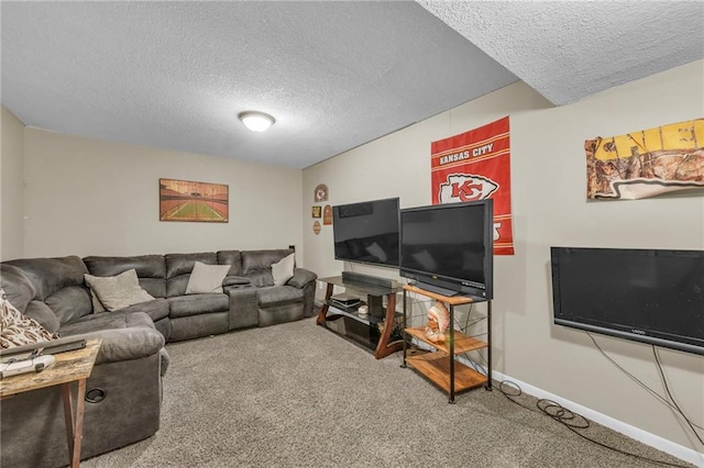 carpeted living room with a textured ceiling