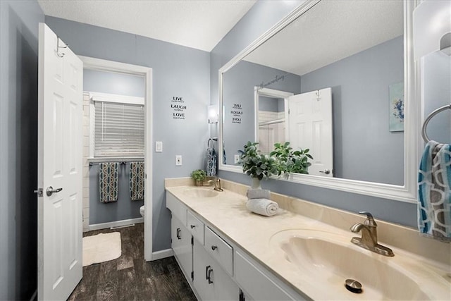 bathroom featuring vanity, toilet, and hardwood / wood-style floors