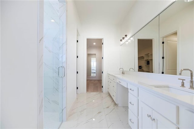 4218 W 158th Ter, Overland Park, KS 66224 - bathroom featuring double vanity, a marble finish shower, and marble finish floors