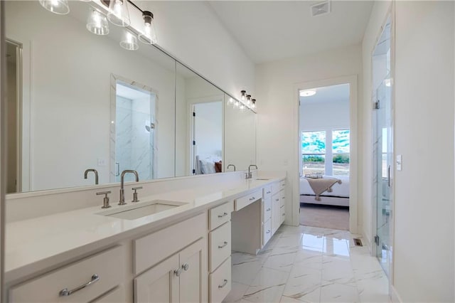 4218 W 158th Ter, Overland Park, KS 66224 - bathroom with ensuite bathroom, marble look tile flooring, a marble finish shower, and double vanity