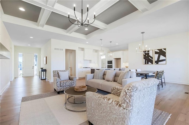 4218 W 158th Ter, Overland Park, KS 66224 - living area featuring a chandelier, coffered ceiling, light wood-type flooring, beam ceiling, and recessed lighting