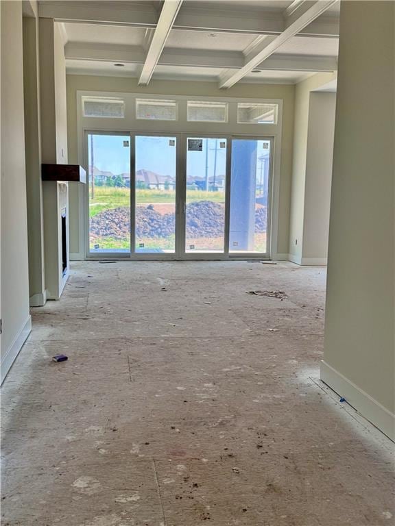 4218 W 158th Ter, Overland Park, KS 66224 - unfurnished living room with coffered ceiling, healthy amount of natural light, and beam ceiling