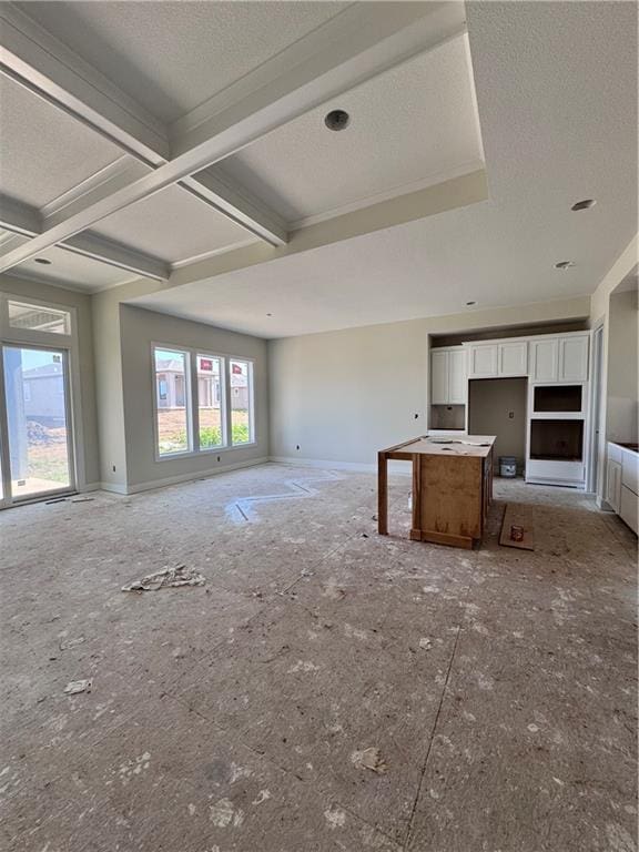 4218 W 158th Ter, Overland Park, KS 66224 - unfurnished living room with coffered ceiling, beamed ceiling, and a textured ceiling