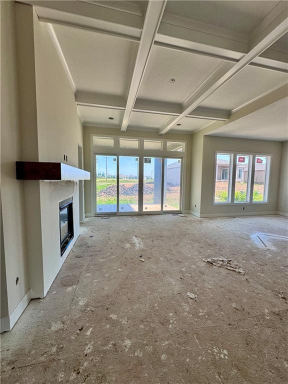 4218 W 158th Ter, Overland Park, KS 66224 - unfurnished living room with coffered ceiling, a glass covered fireplace, and beamed ceiling