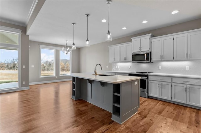 kitchen featuring backsplash, stainless steel appliances, sink, pendant lighting, and a center island with sink