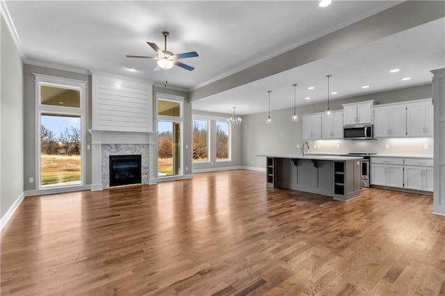 kitchen with appliances with stainless steel finishes, a wealth of natural light, a kitchen island with sink, and pendant lighting