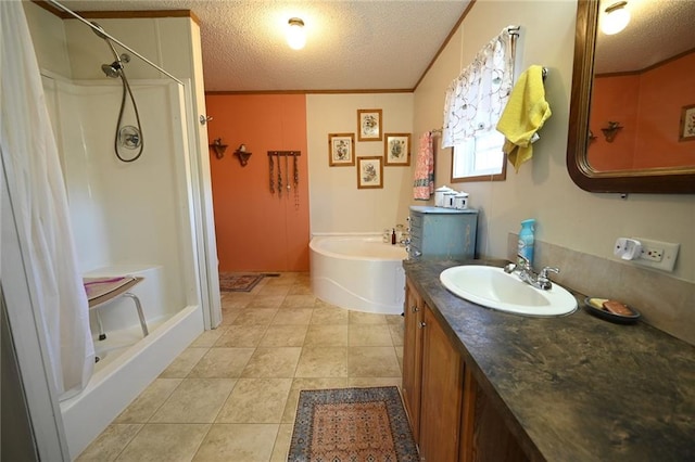 bathroom featuring vanity, crown molding, a textured ceiling, and independent shower and bath