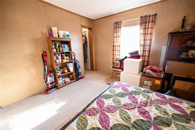 carpeted bedroom featuring ornamental molding