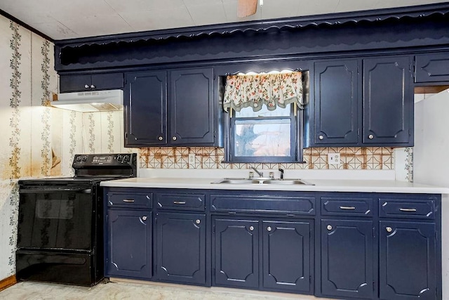 kitchen featuring black range with electric cooktop, decorative backsplash, blue cabinetry, and sink