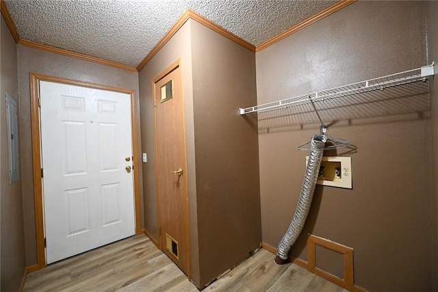 interior space featuring crown molding, washer hookup, a textured ceiling, and light wood-type flooring