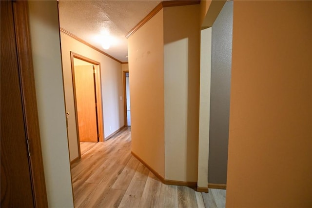 hallway with a textured ceiling, light hardwood / wood-style flooring, and crown molding