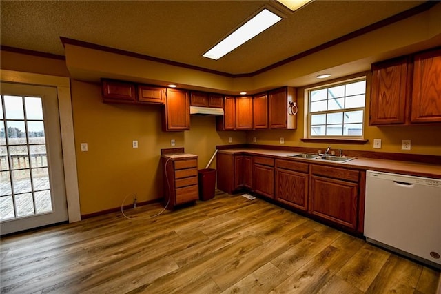 kitchen with crown molding, dishwasher, light hardwood / wood-style floors, and sink