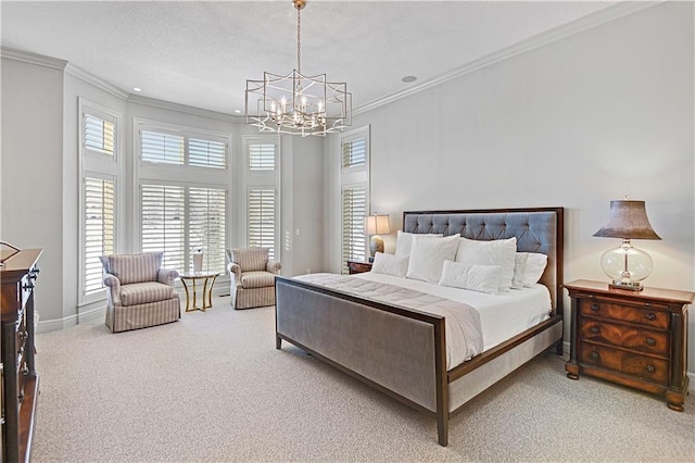 carpeted bedroom featuring crown molding and an inviting chandelier