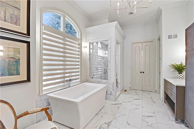 bathroom featuring crown molding, vanity, shower with separate bathtub, and a chandelier