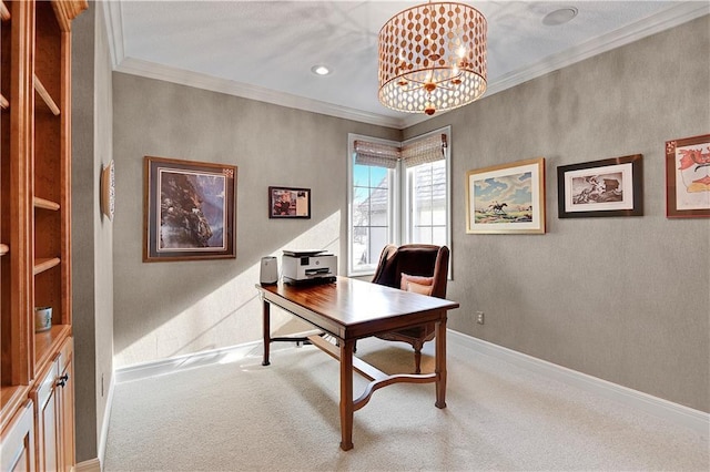 home office featuring a notable chandelier, ornamental molding, and carpet flooring