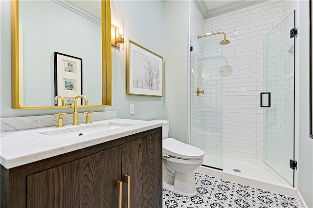 bathroom featuring vanity, an enclosed shower, ornamental molding, tile patterned floors, and toilet