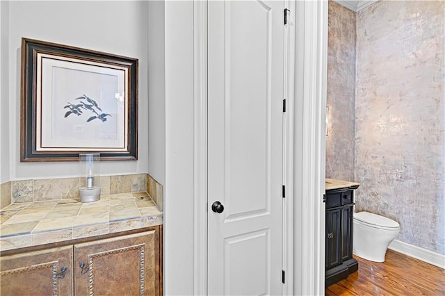 bathroom with vanity, wood-type flooring, and toilet