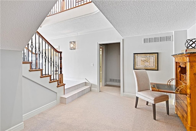 sitting room featuring carpet floors and a textured ceiling