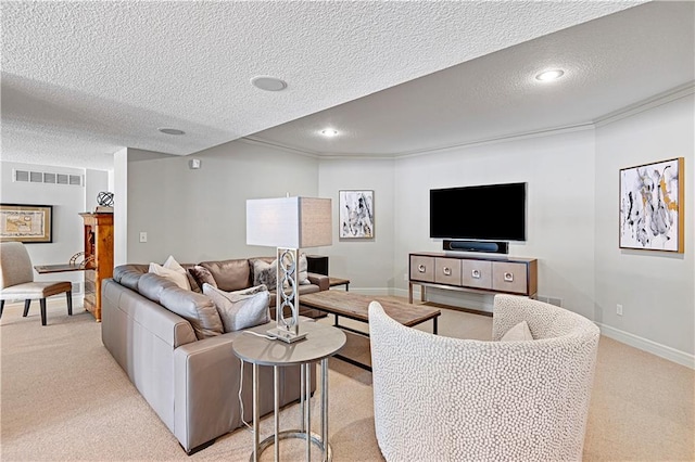 carpeted living room with crown molding and a textured ceiling