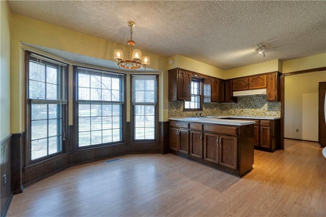 kitchen featuring under cabinet range hood, a wainscoted wall, a chandelier, light wood-style flooring, and a peninsula