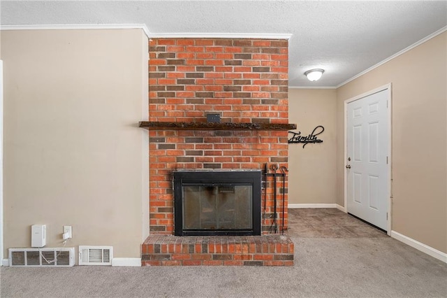 room details with carpet flooring, crown molding, a textured ceiling, and a brick fireplace