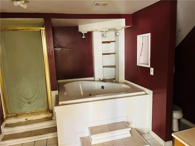 full bathroom with tile patterned floors, shower with separate bathtub, toilet, and sink