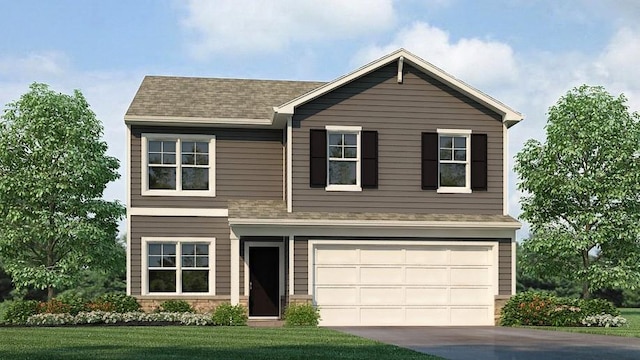 traditional home featuring concrete driveway, a garage, and roof with shingles