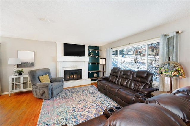 living room featuring hardwood / wood-style floors and a large fireplace