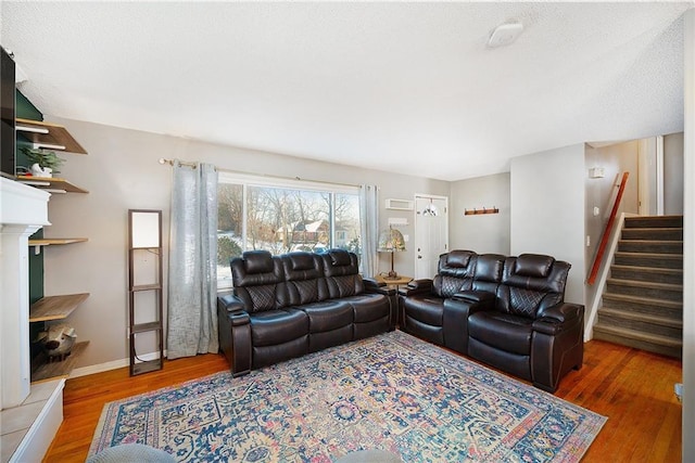 living room featuring dark hardwood / wood-style flooring and a fireplace