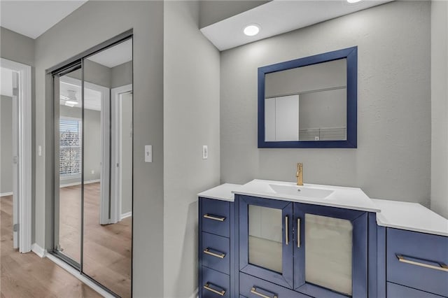 bathroom with hardwood / wood-style floors and vanity